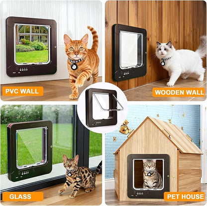 Smart Cat Door with 3 Collar Sensor, RFID Cat Door Collar Activated with Remote Control, 4 Way Locking Cat Flap Automatic Pet Door (Brown)