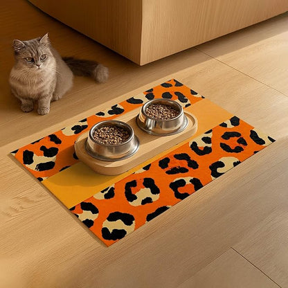 Puppy Feeding Mat 24x16 inch Orange Leopard Print Pet Bowl Placemat Non Slip Floor Mat for Food and Water Indoor Dog Feeding Station Cute Meal Pad for Small Pets Kitchen Use