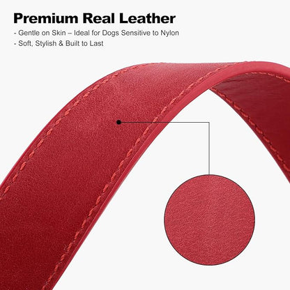 Plutus Pet Genuine Leather Dog Collar – Adjustable Pet Collar with Quick Release Metal Buckle, Soft Real Leather for Small Medium Large Dogs, Heavy Duty & Skin-Friendly (Red, M)