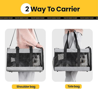 Dog Carrier Soft Sided, Large Cat Carrier with Inner Safety Leash, Pet Transport Carrier for Large Cats and Medium Dogs up to 20 Lbs, Collapsible Travel Puppy Carrier Bag -Gray L