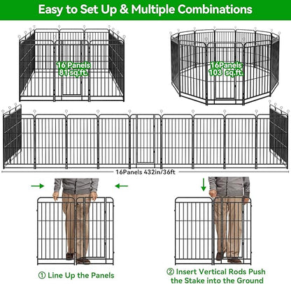Heavy Duty Dog Playpen: 16 Steel Panels 40" Height, Square Steel Pipe with Reinforced Crossbars, 36FT 103 Sq.ft Portable Fence for Yard RV Camping, Snowy Black