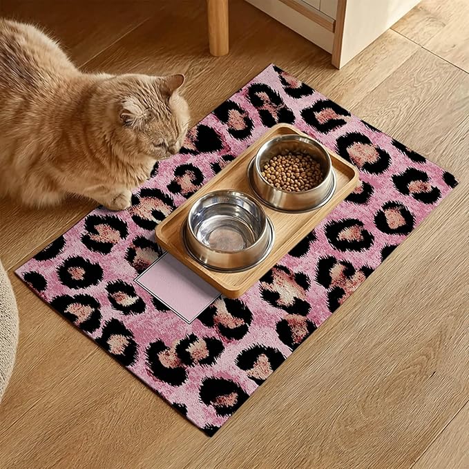 Puppy Feeding Mat 20x12 inch Pink Leopard Print Dog Bowl Placemat Non Slip Mat for Pet Food and Water Small Dogs Indoor Feeding Station Puppy Pet Placemat for Kitchen and Dining