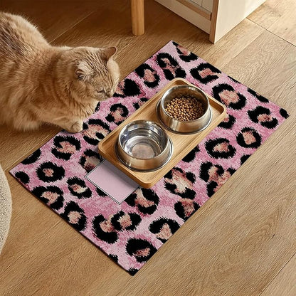 Puppy Feeding Mat 20x12 inch Pink Leopard Print Dog Bowl Placemat Non Slip Mat for Pet Food and Water Small Dogs Indoor Feeding Station Puppy Pet Placemat for Kitchen and Dining