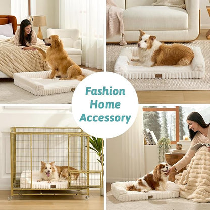 Cute Dog Bed for Extra Large Dogs, Faux Rabbit Fur Orthopedic Foam Dog Bed with Sides, Removable Washable Cover & Waterproof Lining, Comfortable Pet Couch, Cream (48" L x 35" W x 7.5" Th)