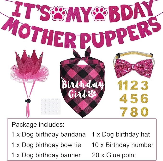 Dog Birthday Decorations, Multi Sizes Dog Birthday Bandana Girl Dog Birthday Hat Crown Bow Tie Birthday Numbers It’s My Bday Mother Puppers Sign Banner for Small Dogs Pets (Pink, Small)