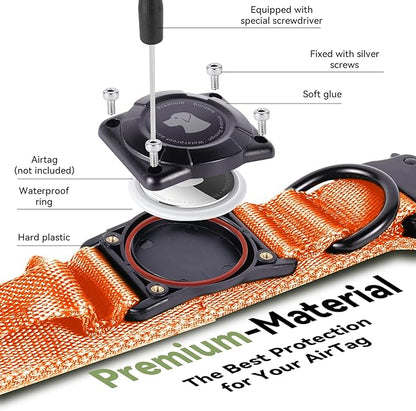 2026 Upgrade Waterproof AirTag Dog Collar, Military Tactical Dog Collar with AirTag Holder, Comfortable Control Handle and Metal Buckle, GPS Dog Collar Holder for Medium to Large Dogs (Orange,L)