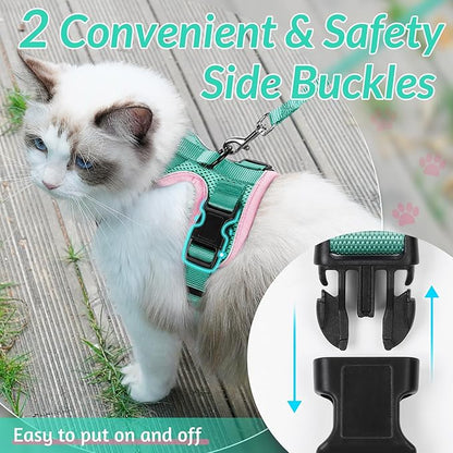 rabbitgoo Cat Harness and Leash for Walking, Escape Proof Soft Adjustable Vest Harnesses for Cats, Easy Control Breathable Reflective Strips Jacket, Green&Pink, XS