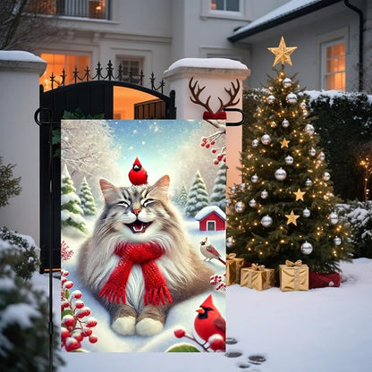 Christmas Garden Flag Cute Cat Red Cardinal Winter Snow Scene Outdoor Yard Flag 12x18 Inch Double Sided Banner For Front Yard Porch Lawn Patio Festive Holiday Seasonal Home Decor
