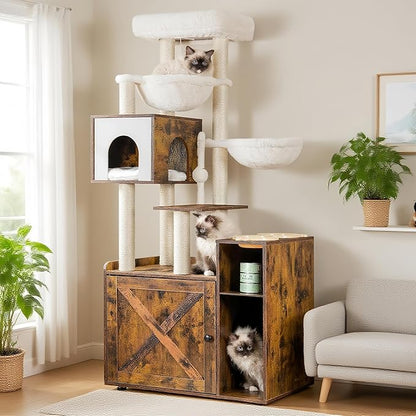 Hey-brother Cat Tree with Litter Box Enclosure, Modern Cat Tower for Indoor Cats with Large Platform, Condo Food Station and 2 Hammocks, All-in-one Cat Furniture, Wood Rustic Brown MPJ115SR
