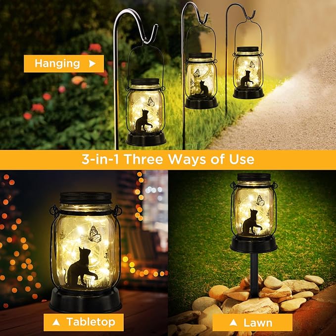kyoryuger Cat Gifts Cat Lover Gifts for Women/Mom/Grandma/Sister, Cats Butterfly Solar Lights Outdoor Hanging Cat Lanterns Fairy Lights, Kitty Lamps Decor for Yard Lawn Garden Patio