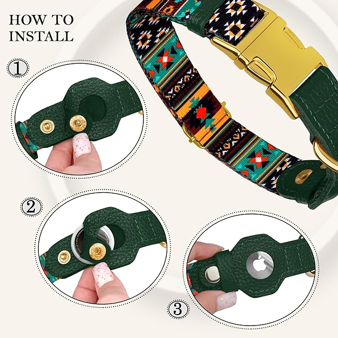 AirTag Dog Collar for Small Medium Large Breed - Adjustable Cute Pattern Dog Collar with Airtag Holder - Soft Leather Tracker GPS Apple Air Tag Pet Collars (Medium, 14"-18" Neck Fit, Tribal)