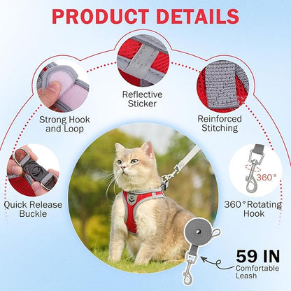 SCENEREAL Cat Harness and Leash Set Escape Proof, Adjustable Soft Air Mesh Kitten Harnesses for Girls Boys Small Medium Big Cats, Reflective Light Travel Pet Walking Vest for Puppy Rabbit, Red XL