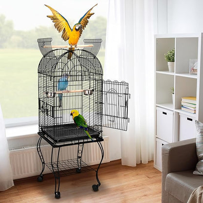 SUPER DEAL 63.5'' Rolling Bird Cage Large Wrought Iron Cage for Cockatiel Sun Conure Parakeet Finch Budgie Lovebird Canary Medium Pet House with Rolling Stand & Storage Shelf