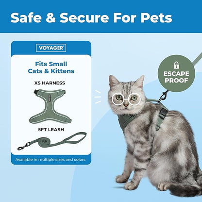 Voyager Escape-Proof Step-in Lock Cat Harness & 5ft Neoprene-Handle Leash Set All-Weather Mesh with Reflective Stitching for Small to Large Cats by Best Pet Supplies, Moss Green (327), XS