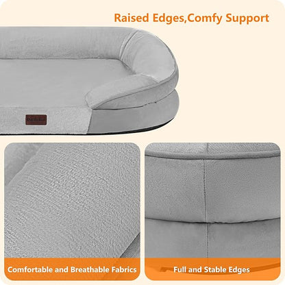 Dwanton Orthopedic Dog Bed for Medium Dogs with Gel Memory Foam, Waterproof Dog Sofa, Washable Pet Bed with Four Sided Bolster Cushion, Removable Cover & Non-Slip Bottom, 35", Light Gray
