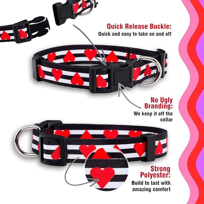 Native Pup Valentine’s Dog Collar- Valentines Day Pet Collars- Valentine Girly Hearts- Pink Red Heart- Cute Boy Girl Puppy Gift- Adjustable for Small, Medium, Large Breeds (Striped Hearts, Small)