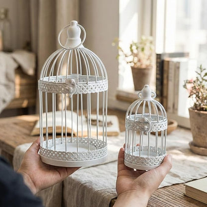 Vela Lanterns Bird Cage Decor Candle Holder Lantern Decorative Wedding Table Centerpiece Decorations, 10" and 6" Tall, White, Set of 2
