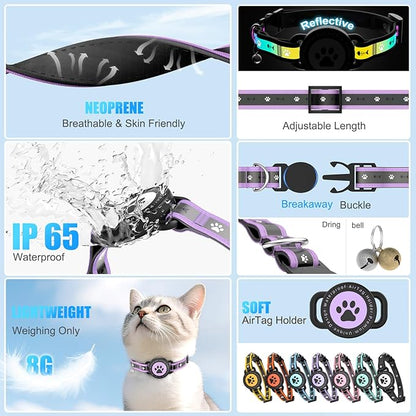 Airtag Cat Collar Breakaway, Reflective Cat Collar with AirTag Holder and Bell, Compatible with Apple Air Tag, Comfortable Padding, Adjustable, Durable (Purple, XS)