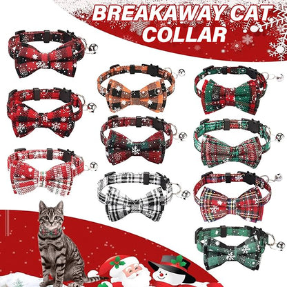 10 Pcs Christmas Cat Collar Breakaway with Bow Tie and Bell Kitten Collars Removable Bowtie Plaid Cat Collar for Cats Kittens Puppy Christmas Supplies