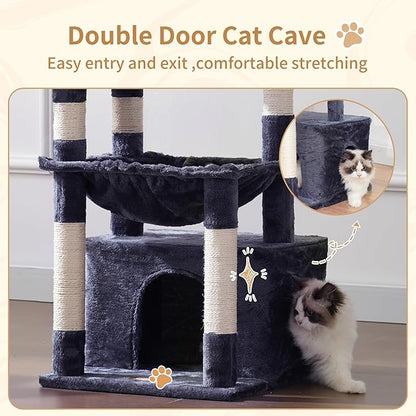 Heybly Cat Tree, Kitten Tower with Large Soft Cat Basket, Cat Condo with Spacious Cat Bed Cave with Hidden Space, Sisal-Covered Scratching Posts, Dangling Ball for Indoor Cats, Smoky Gray HCT008SG