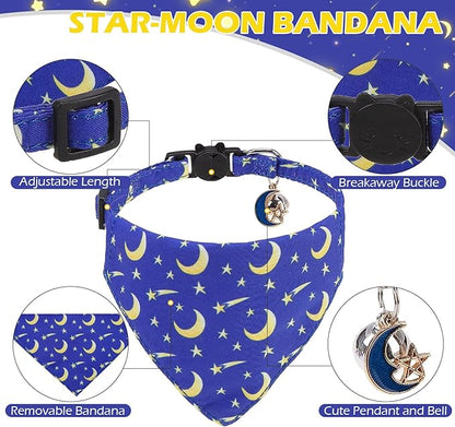 EXPAWLORER Cute Cat Collar Breakaway with Bells - 2 Pack Adjustable Pet Collar with Removable Bow Tie and Bandana, Safety Buckle for Girl Boy Cats Kitten, Star-Moon