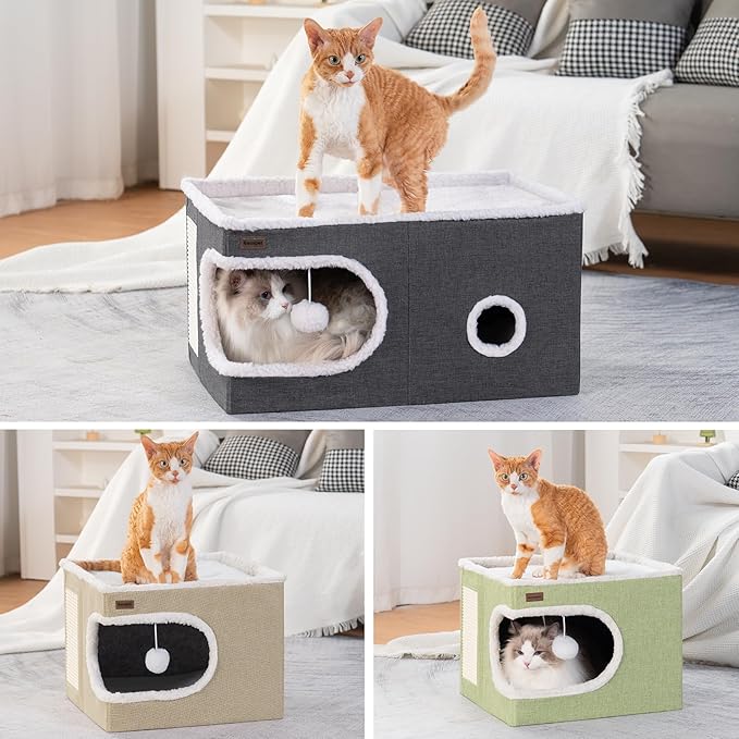 Cat Bed for Indoor Cats Cube House, Covered Cat Cave Beds & Furniture with Scratch Pad and Hideaway Tent, Cute Modern Cat Condo for Multi Small Pet Large Kitten Kitty, Khaki