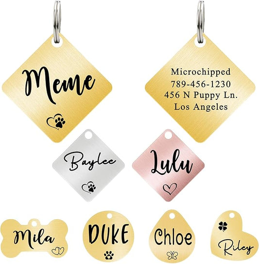 Ultra Joys Dog ID Tag, Custom Dog Tag Personalized Cat Tag, Pet ID Tag, Brushed Stainless Steel Diamond Dog Tag Gold Large
