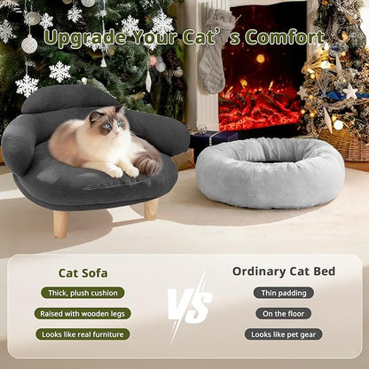 Cat Sofa Furniture-Style Pet Bed with Removable Cotton Velvet Cover, Solid Pine Wood Legs, for Cats and Small Dogs, Gray