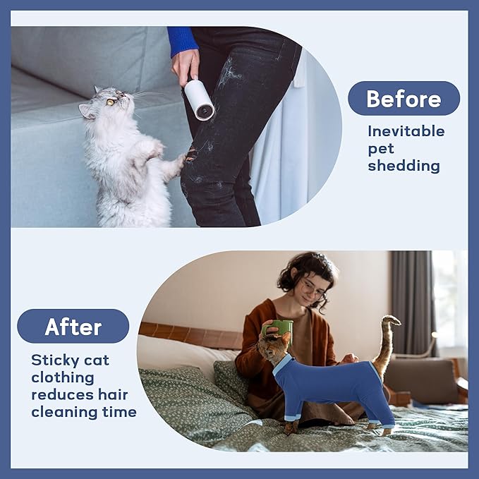 PUMYPOREITY Cat Hair Sticky Sweater, Recovery Suit - Breathable & Lightweight for Post-Surgery Protection, Cat Onsie Prevents Licking Wounds, Blue, XL
