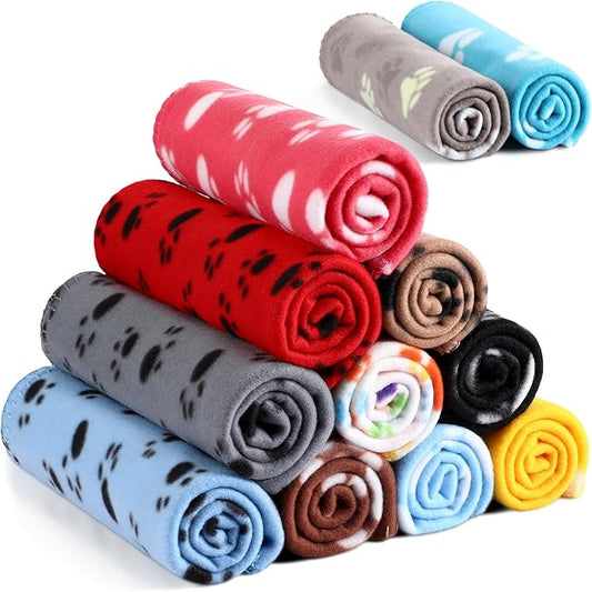 Tegeme 12 Pieces Fleece Blankets for Pets Dog Puppy Paw Print Cat Bedding Cover Blanket for Small Animals Pig Cage Liner Sleep Mat Pad Kitten Soft Warm(Cute Style,12 x 12 Inches)