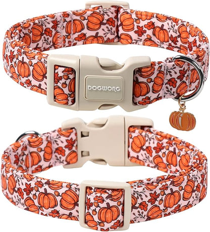 DOGWONG Pumpkin Dog Collar- Cute Pink Fall Dog Collars Adjustable Maple Fall Dog Collar for Small Medium Large Dogs M