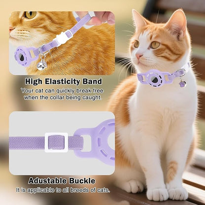Airtag Cat Collar Breakaway, Stretchy Cat Tracker Collar with Apple Air Tag Holder for Boy Girl Cats, Elastic GPS Tracking Collars for Kittens and Puppies, Adjustable 9"-12" Purple