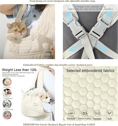 Dog Backpack Carrier for Small Dogs, Cat Carrier Sling, Front Facing Pets Chest, Adjustable Straps & Safety Lock, Hands-Free Dog Carrier, Gifts for Hiking, Biking & Daily, Fit 5-15 Lbs (Beige)