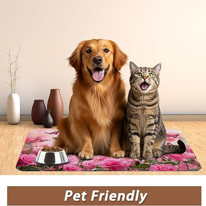 Rose Pink Dog Cat Food Mat,Butterfly Absorbent Pet Feeding Mat for Food and Water,Non-Slip Dog Bowl Mats Floor Protector 16"x24"