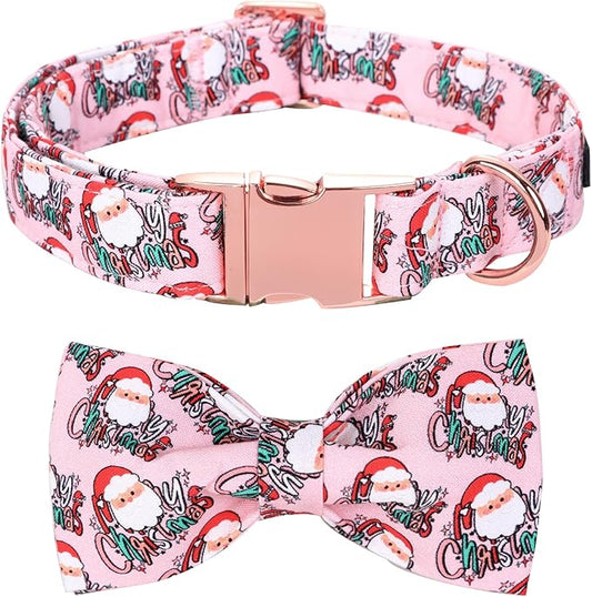 Christmas Dog Collar, Pink Christmas Santa Claus Dog Collar Bow Tie Pet Collars with Bow Adjustable Pet Collars with Premium Metal Buckle Dogs Necklace for X-Large Girl Dogs