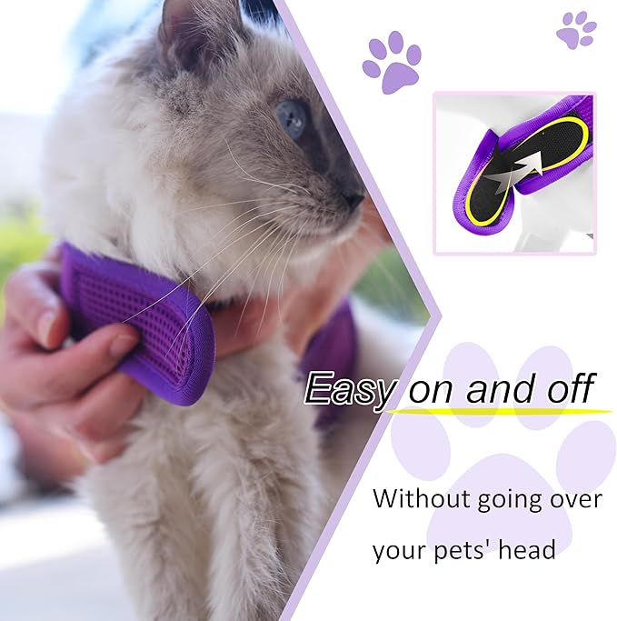 Cat Harness and Leash for Walking Escape Proof Breathable Mesh Fabric, Purple, Medium, Adjustable Cat Walking Jackets with Handle, Padded Stylish Cat Vest
