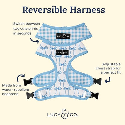 Lucy & Co. Cute Reversible Dog Harness Walking Halter - Best Designer Pet Harnesses for XS - XL Dogs - Padded Adjustable Vest for Easy Walking - X Small - White with Blue Bows