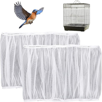 2 Pcs Bird Cage Cover Universal Bird Cage Seed Catcher, Breathable Nylon Mesh Net Cover Adjustable Soft Airy Cages Net Stretchy Skirt for Round Square Cages