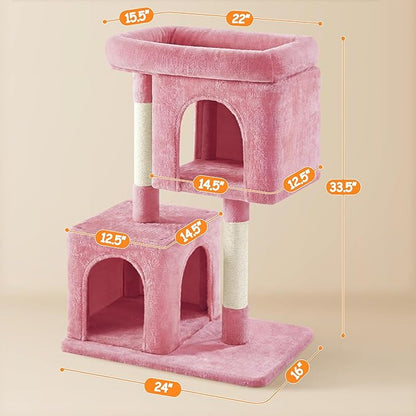 Yaheetech 33.5in Cat Tree, Small Kittens Tower w/Large Perch&2 Cozy Condos, Sisal Scratching Posts for Indoor Kittens/Cat, Stable Pet Activity Center Furniture, Pink