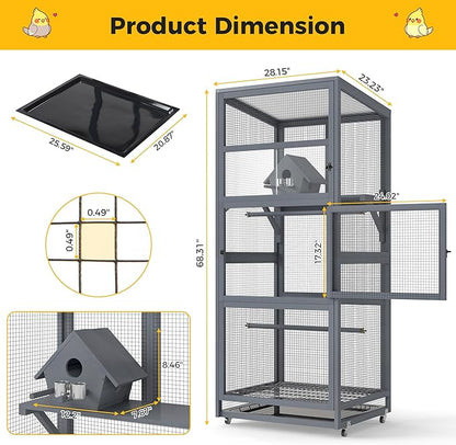 Coziwow 68" H Large Wood Bird Cage on Wheels, Outdoor Bird Aviary Indoor Wooden Large Bird Cage Parakeet Cage with Pull Out Tray and Feeder,Ideal for Small Birds,Finches,Parrots, Gray