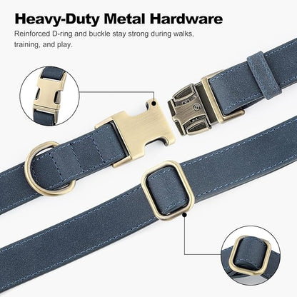 Plutus Pet Genuine Leather Dog Collar – Adjustable Pet Collar with Quick Release Metal Buckle, Soft Real Leather for Small Medium Large Dogs, Heavy Duty & Skin-Friendly (Blue, L)