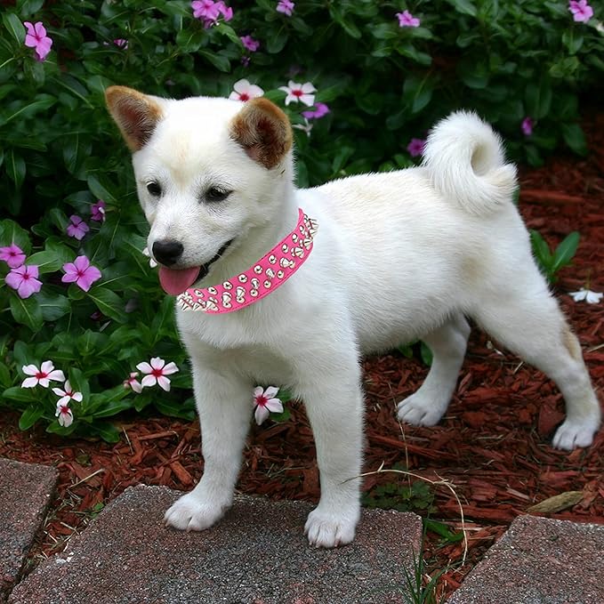 TEEMERRYCA Adjustable PU Leather Spiked Studded Dog Collars with a Squeak Ball Gift for Small Medium Large Pets Like Cats/Pit Bull/Bulldog/Pugs/Husky, Hot Pink, S 10.8"-13.2"