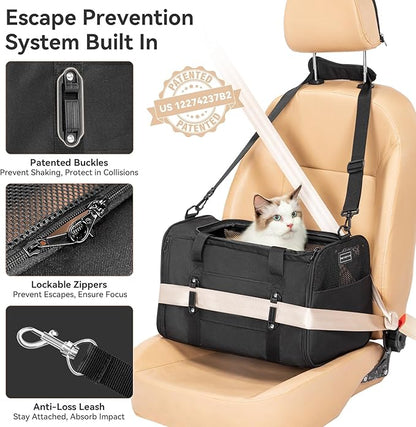 PETSFIT Soft-Sided Cat Carrier with Patented Safety Buckles, Lockable Zippers & Safety Tether,Escape-Resistant Travel Pet Carrier for Car Rides & Vet Visits, Airline Approved Under-Seat, Up to 12 lbs