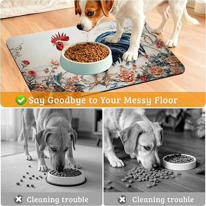 Dog Bowl Mat,Chicken Painting Pet Feeding Mat for Floors Waterproof,Flowers Absorbent Dogs Placemat for Food and Water Quick Dry Pet Cat Feeding Mats with Non Slip Bottom 16" x 24"