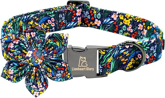 Lionheart Glory Darkblue Flower Dog Collar - Floral Bow for Male or Female, Spring Fall Pet Gift, Durable Adjustable for Small Dogs