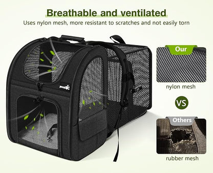 Pecute Cat Backpack Carrier Expandable, Pet Backpack for Cats & Small Dogs Up to 11lbs, with 4-Side Breathable Mesh, Multi-Entry & Lockable Zippers for Travel, Hiking, Camping - Hands Free, Black