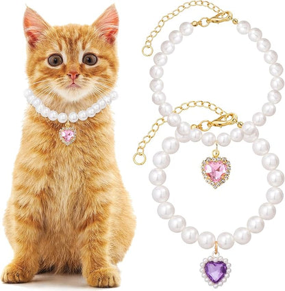 2pcs Cat Pearl Collar with Heart Pendant, Cute Pearl Pet Necklace in Small, Adjustable Wedding Party Small Dog Jewelry Accessories for Puppy Kitten- Pink & Purple