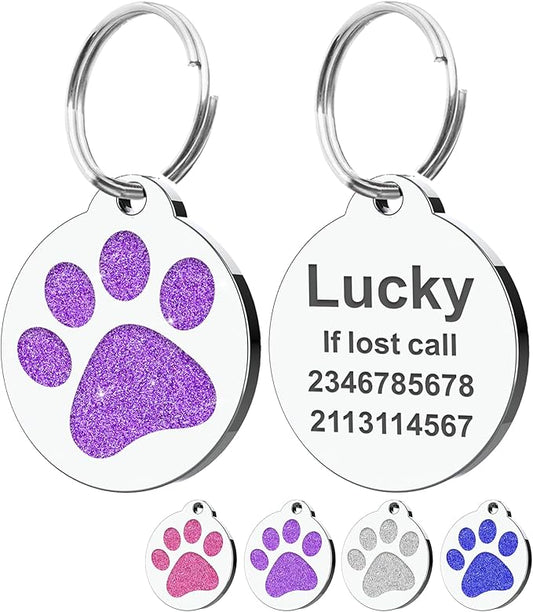 Dog Tags Personalized for Pets Dog Name Tags Personalized Dog Tag Engraved with Any Name & Text Custom Dog ID Tags Glitter Bone ID Tag for Puppy Cat (Purple-Round, L)