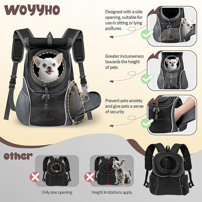 WOYYHO Pet Dog Carrier Backpack with Top and Side Windows, Small Dog Front Backpack Ventilated Dog Back Pack with Safety Belt for Travel Hiking Outdoor Adventures (Size L: 10-14 lbs, Black 2.0)