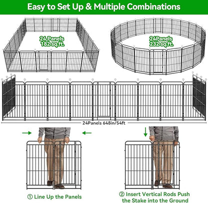 Dog Fence Outdoor 24 Piece Panels 32" Height, Square Steel Pipe with Reinforced Crossbars, Anti-Rust Heavy Duty Dog Playpen with Doors Portable for Yard RV Camping, Total 54FT, 227 Sq.ft, Snowy Black